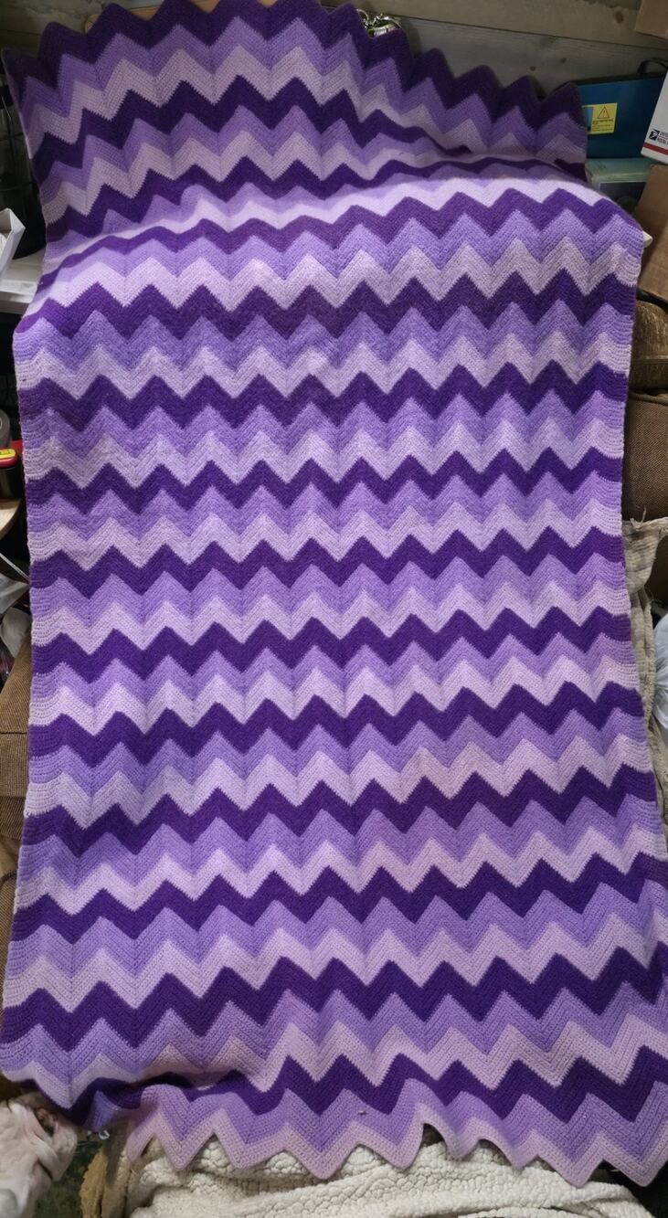 Vintage Handmade Crochet Afghan Purple Chevron Ripple Throw Blanket 55x32